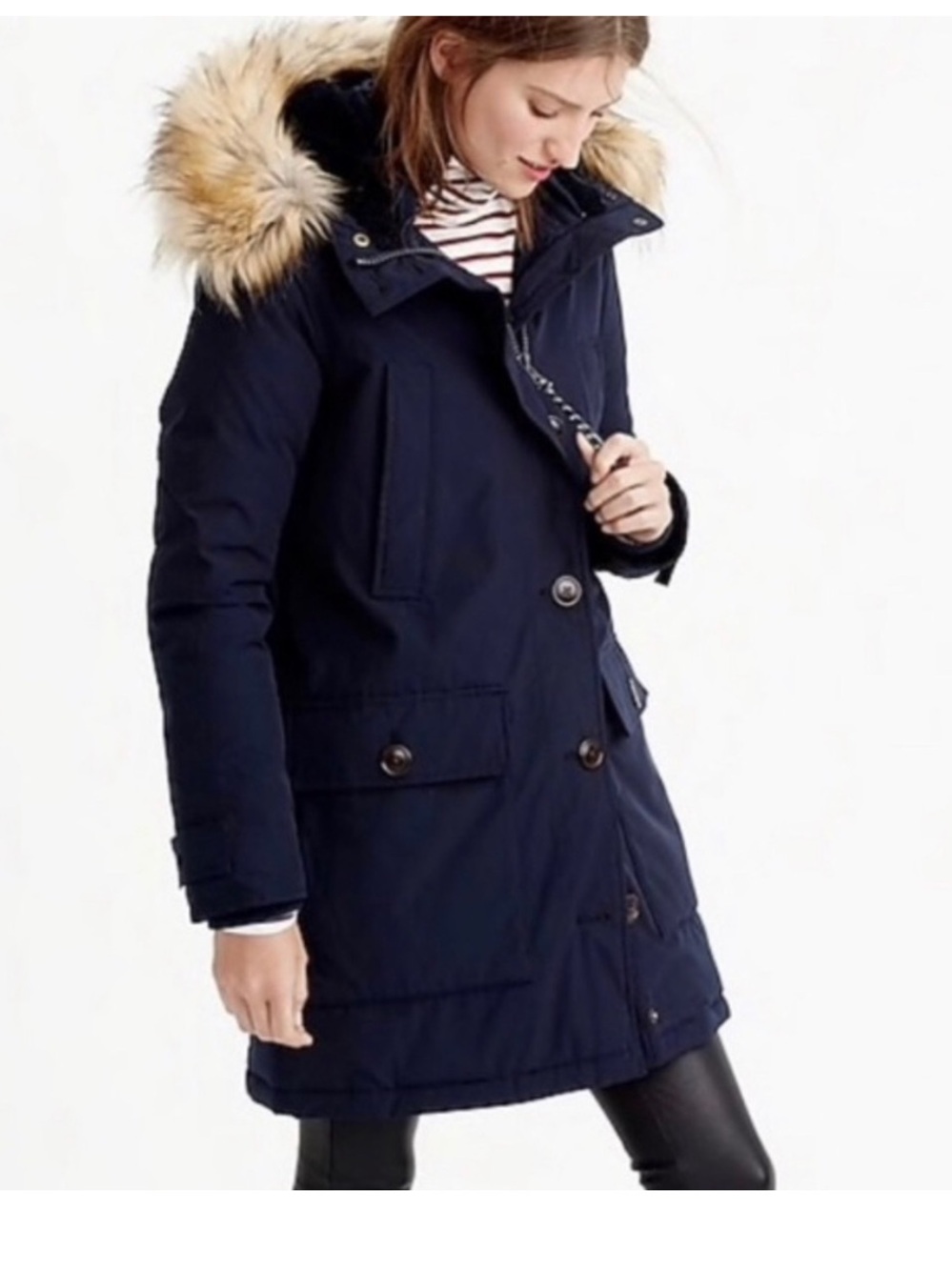 J.Crew Nordic Down Parka Women’s M Navy Faux Fur Hood Thinsulate Coat